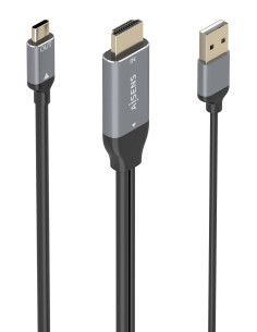 AISENS Cable Conversor Aluminio HDMI V2.0 A USB-C 4K@60HZ, HDMI M+USB-A M-USB-C M, Negro, 1.8m