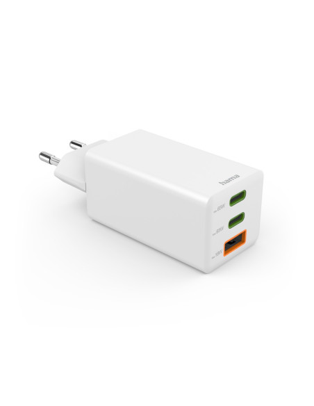 Hama | Cargador rápido, GaN, 2x USB-C PD, 1x USB-A QC, Minicargador, 65 W, Blanco