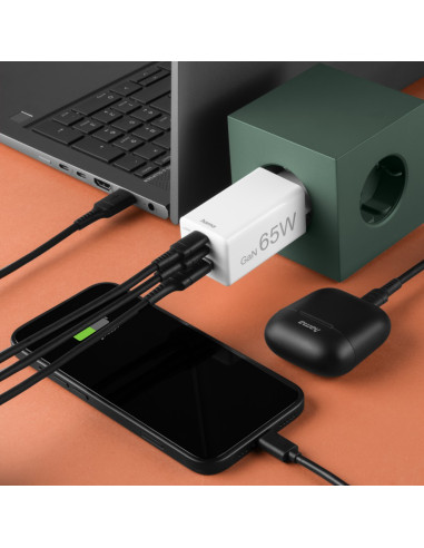 Hama | Cargador rápido, GaN, 2x USB-C PD, 1x USB-A QC, Minicargador, 65 W, Blanco