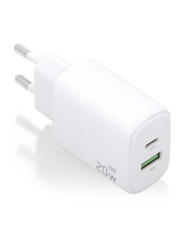 AISENS Cargador GaN 20W, 1xUSB-C PD3.0, 1xUSB-A QC3.0, Blanco