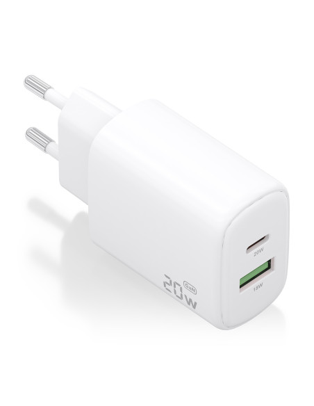 AISENS Cargador GaN 20W, 1xUSB-C PD3.0, 1xUSB-A QC3.0, Blanco