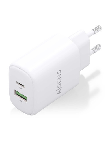 AISENS Cargador GaN 20W, 1xUSB-C PD3.0, 1xUSB-A QC3.0, Blanco