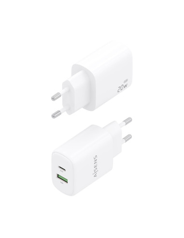 AISENS Cargador GaN 20W, 1xUSB-C PD3.0, 1xUSB-A QC3.0, Blanco