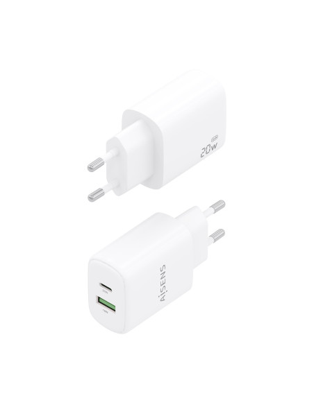 AISENS Cargador GaN 20W, 1xUSB-C PD3.0, 1xUSB-A QC3.0, Blanco