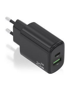 AISENS Cargador GaN 20W, 1xUSB-C PD3.0, 1xUSB-A QC3.0, Negro