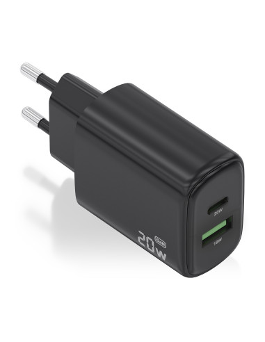AISENS Cargador GaN 20W, 1xUSB-C PD3.0, 1xUSB-A QC3.0, Negro