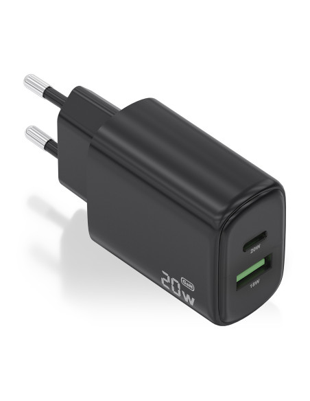 AISENS Cargador GaN 20W, 1xUSB-C PD3.0, 1xUSB-A QC3.0, Negro