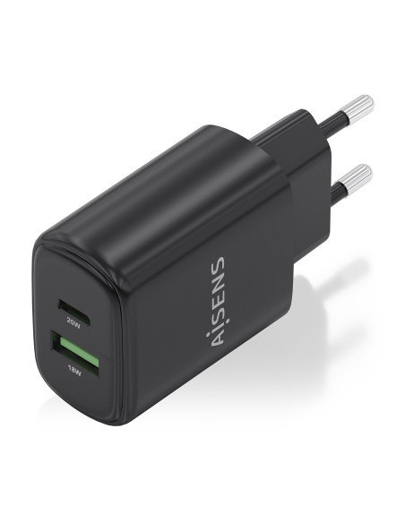 AISENS Cargador GaN 20W, 1xUSB-C PD3.0, 1xUSB-A QC3.0, Negro