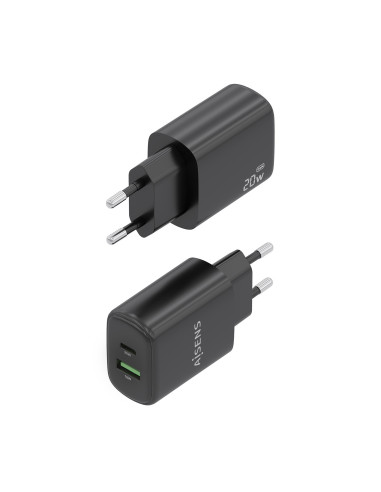 AISENS Cargador GaN 20W, 1xUSB-C PD3.0, 1xUSB-A QC3.0, Negro