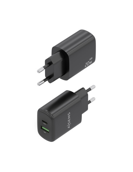 AISENS Cargador GaN 20W, 1xUSB-C PD3.0, 1xUSB-A QC3.0, Negro