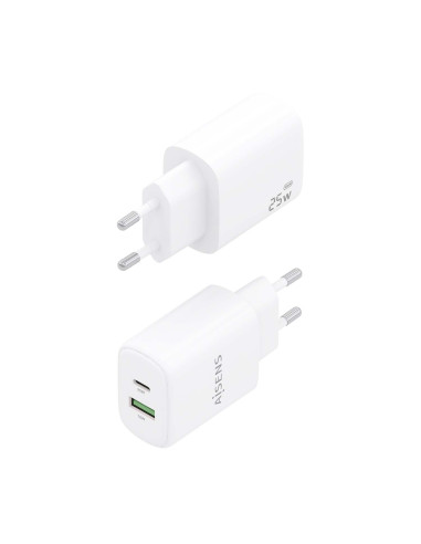 AISENS Cargador GaN 25W, 1xUSB-C PD3.0, 1xUSB-A QC3.0, Blanco