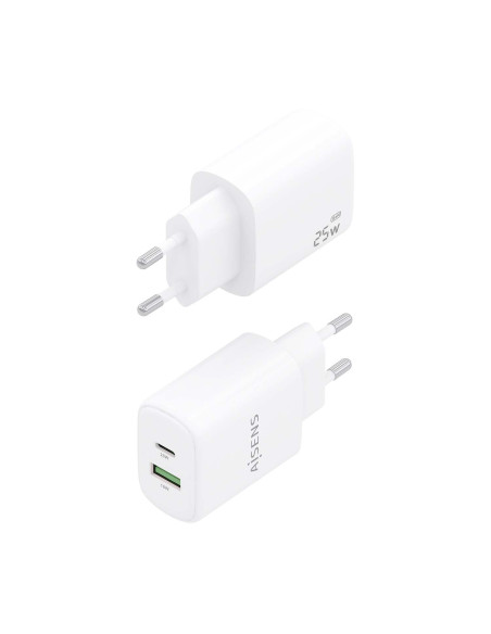 AISENS Cargador GaN 25W, 1xUSB-C PD3.0, 1xUSB-A QC3.0, Blanco