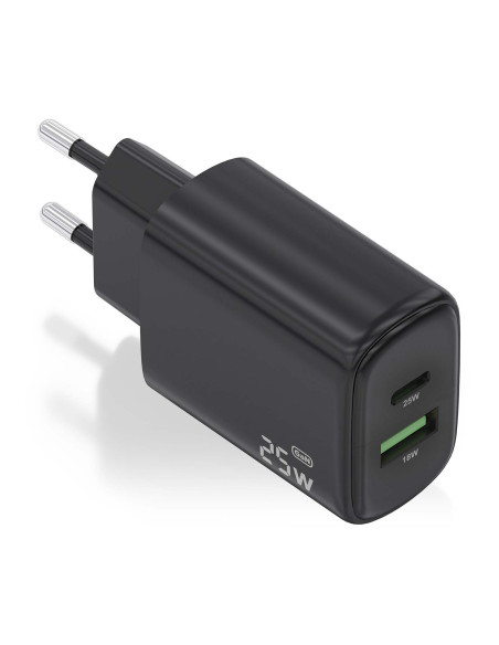 AISENS Cargador GaN 25W, 1xUSB-C PD3.0, 1xUSB-A QC3.0, Negro