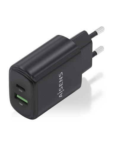 AISENS Cargador GaN 25W, 1xUSB-C PD3.0, 1xUSB-A QC3.0, Negro