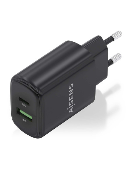 AISENS Cargador GaN 25W, 1xUSB-C PD3.0, 1xUSB-A QC3.0, Negro