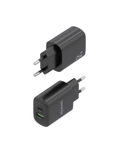 AISENS Cargador GaN 25W, 1xUSB-C PD3.0, 1xUSB-A QC3.0, Negro