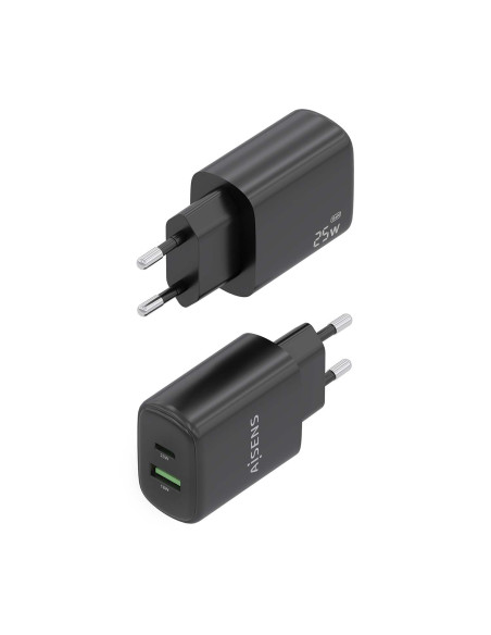 AISENS Cargador GaN 25W, 1xUSB-C PD3.0, 1xUSB-A QC3.0, Negro