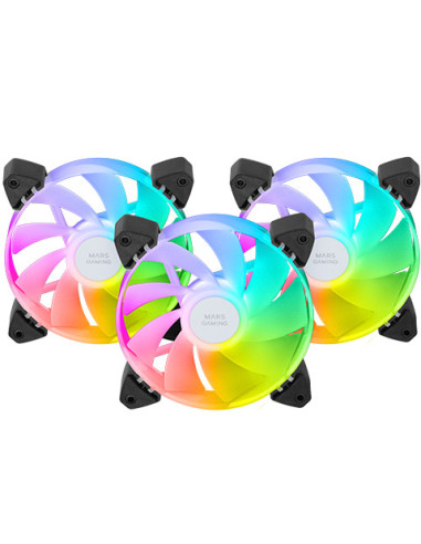 Mars Gaming MF-3AR, Kit 3x Ventiladores 120mm FDB, Aspas Invertidas, Iluminación ARGB 360° Sin Marco, Iluminación Anillo