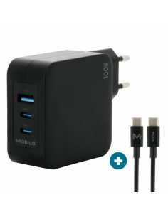 Mobilis Charger 100W 2USB C 1USBA GaN cable 100W Portátil, Smartphone, Tableta Negro Corriente alterna Interior