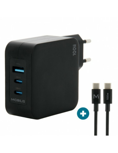 Mobilis Charger 100W 2USB C 1USBA GaN cable 100W Portátil, Smartphone, Tableta Negro Corriente alterna Interior