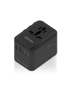 AISENS Adaptador Enchufe Universal Para Viaje EU USA UK AU Con Cargador USB GaN, 2xUSB-A QC3.0, 2xUSB-C PD3.0 25W, Negro