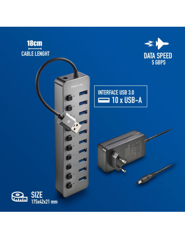 NGS IHUB 10 USB 3.2 Gen 1 (3.1 Gen 1) Type-A 5000 Mbit s Negro