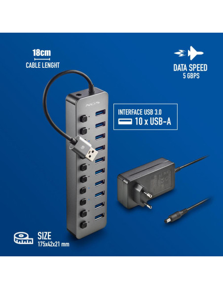 NGS IHUB 10 USB 3.2 Gen 1 (3.1 Gen 1) Type-A 5000 Mbit s Negro