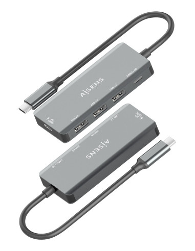 AISENS Hub USB 3.1 USB-C, USB-C M-1xUSB-C PD 100W+1xUSB-C USB3.0 H+3xUSB-A USB2.0 H, Gris, 15cm