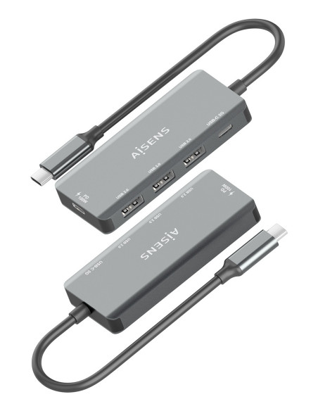AISENS Hub USB 3.1 USB-C, USB-C M-1xUSB-C PD 100W+1xUSB-C USB3.0 H+3xUSB-A USB2.0 H, Gris, 15cm
