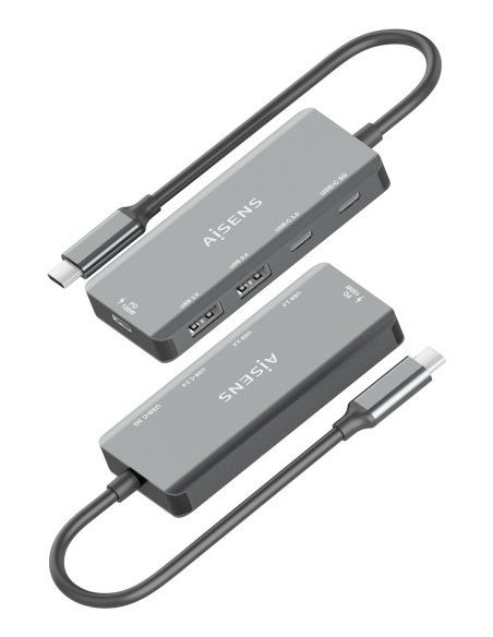 AISENS Hub USB 3.1 USB-C, USB-C M-1xUSB-C PD 100W+1xUSB-C USB3.0 H+1xUSB-C USB2.0 H+2xUSB-A USB2.0 H, Gris, 15cm