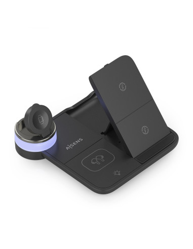 AISENS Cargador Inalambrico USB-C 4 en 1 De 15W Para Movil, Apple Watch, Auriculares Con Estuche De Carga, Negro