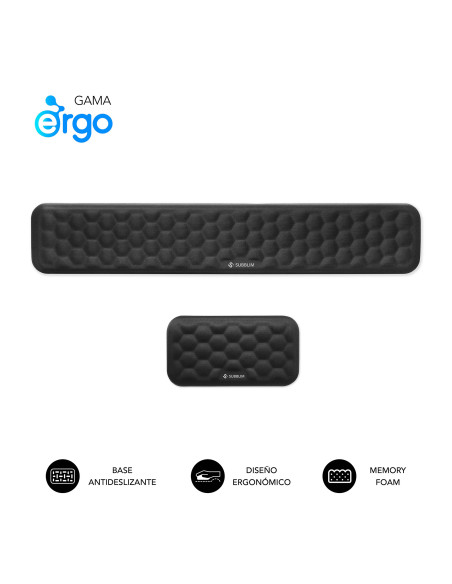 SUBBLIM Pack ERGO AIRPADDING Negro, Reposamuñecas Teclado + Ratón, Espuma viscoelástica 65 D, Tejido AirMesh transpirable, Base