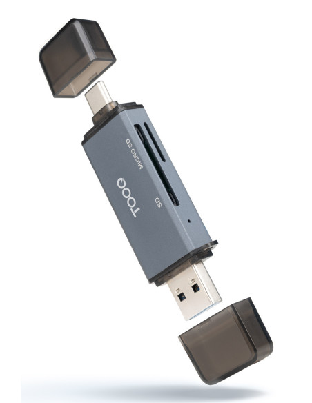 TooQ Lector de Tarjetas SD + TF, con entradas USB-C 3.0 + USB A, Color Gris