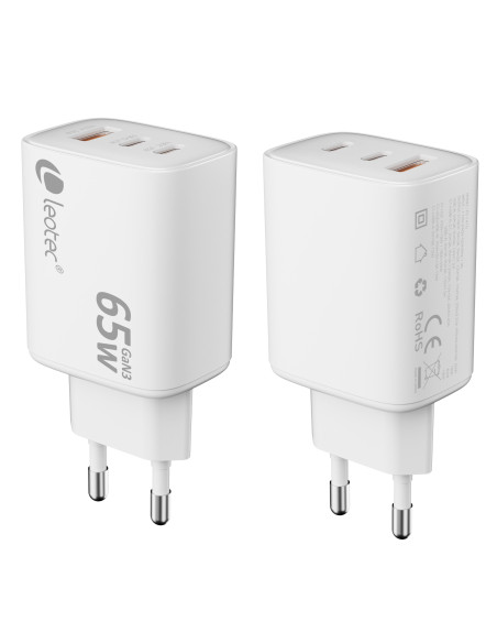 Leotec CARGADOR UNIVERSAL 65W GAN ULTRA SLIM 2 USB C PD+1 USB A BLANCO