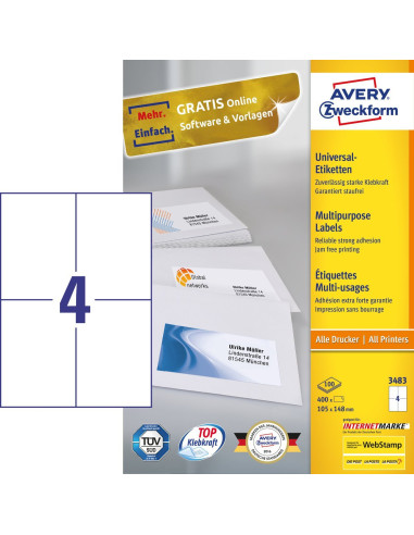 Avery 3483 etiqueta autoadhesiva Rectángulo Permanente Blanco 400 pieza(s)