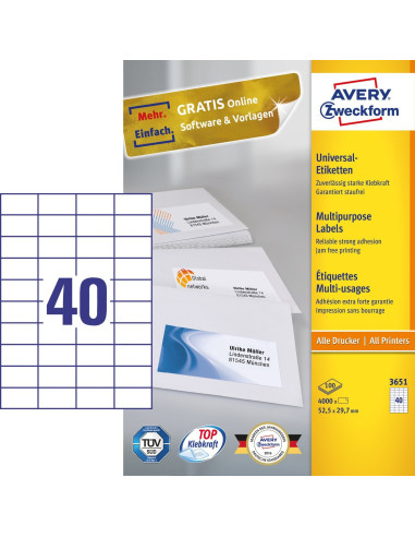 Avery 3651 etiqueta autoadhesiva Rectángulo Permanente Blanco 4000 pieza(s)