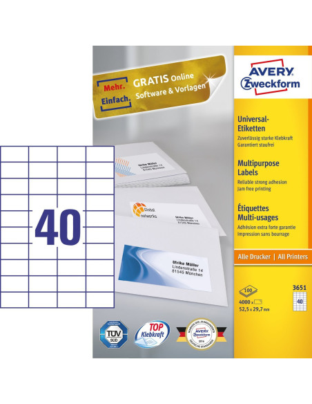 Avery 3651 etiqueta autoadhesiva Rectángulo Permanente Blanco 4000 pieza(s)