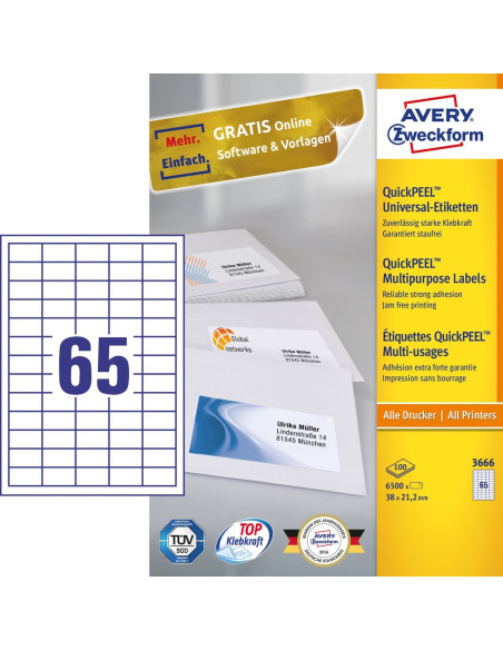 Avery 3666 etiqueta autoadhesiva Rectángulo Permanente Blanco 6500 pieza(s)