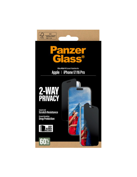 PanzerGlass ® 2-Way Privacy Screen Protector iPhone 17 | iPhone 16 Pro | Ultra-Wide Fit w. EasyAligner Protector de pantalla