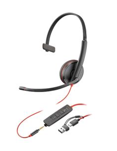 HP Poly Auriculares Poly Blackwire 3215 monaural USB-C + conector de 3,5 mm + adaptador USB-C/A (paquete)