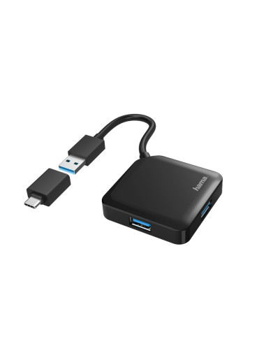Hama | HUB USB con 4 Puertos y Adaptador USB-C (Conexión de Múltiples Dispositivos, Transformador Universal USB a USB-C, USB