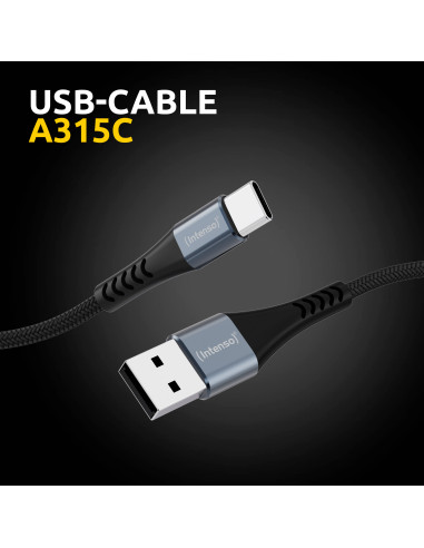 Intenso Cable de carga datos USB-C A315C, 1,5 m, carga rápida hasta 60 vatios, negro
