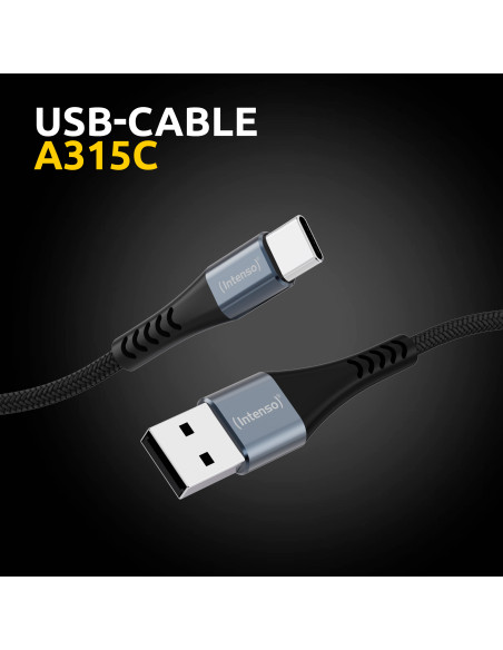 Intenso Cable de carga datos USB-C A315C, 1,5 m, carga rápida hasta 60 vatios, negro