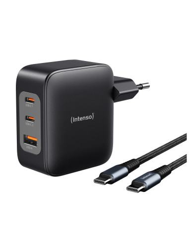 Intenso W100ACC+C520C, Set de adaptador de corriente + cable de carga, 100 W, carga rápida, GaN, carga simultánea de 3