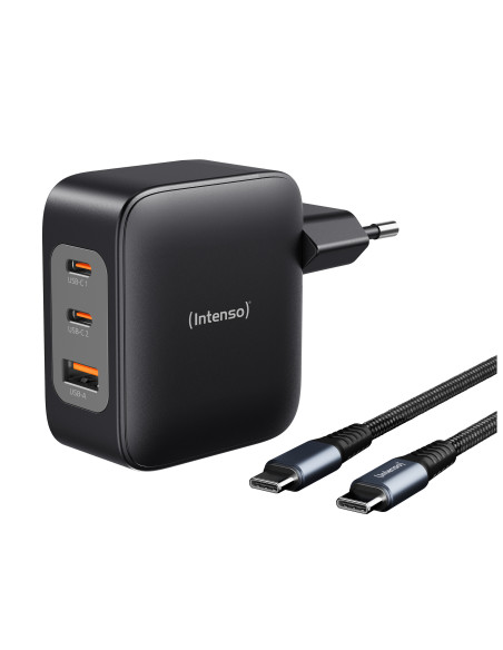 Intenso W100ACC+C520C, Set de adaptador de corriente + cable de carga, 100 W, carga rápida, GaN, carga simultánea de 3