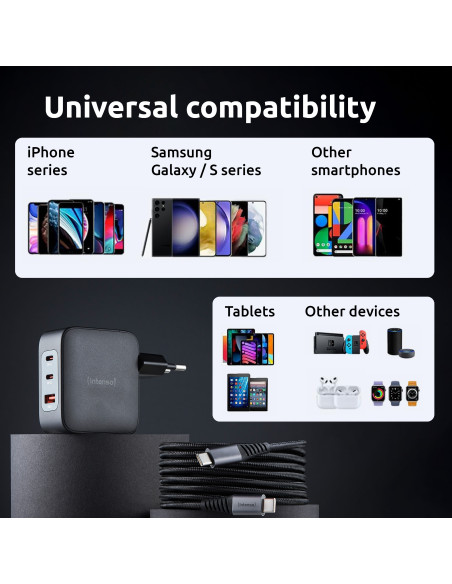 Intenso W100ACC+C520C, Set de adaptador de corriente + cable de carga, 100 W, carga rápida, GaN, carga simultánea de 3