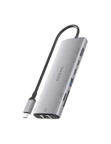 AISENS USB-C Dock 7 en 1, USB-C a 1xHDMI, 1xRJ45, 1xUSB-A 10G, 2xUSB-C 10G, 1xSD, 1xMicroSD, Gris, 20cm