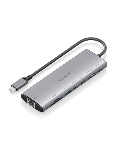 AISENS USB-C Dock 8 en 1, USB-C a 1xHDMI, 1xRJ45, 1xUSB-A 10G, 2xUSB-C 10G, 1xSD, 1xMicroSD, 1xUSB-C PD 100W, Gris, 20cm