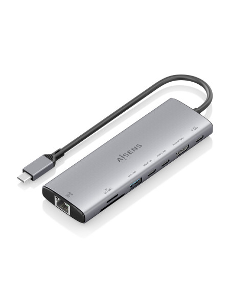 AISENS USB-C Dock 8 en 1, USB-C a 1xHDMI, 1xRJ45, 1xUSB-A 10G, 2xUSB-C 10G, 1xSD, 1xMicroSD, 1xUSB-C PD 100W, Gris, 20cm