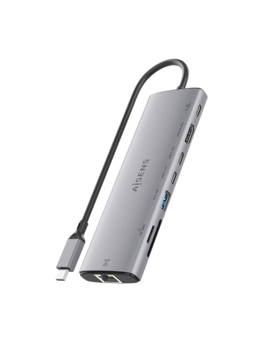 AISENS USB-C Dock 8 en 1, USB-C a 1xHDMI, 1xRJ45, 1xUSB-A 10G, 2xUSB-C 10G, 1xSD, 1xMicroSD, 1xUSB-C PD 100W, Gris, 20cm